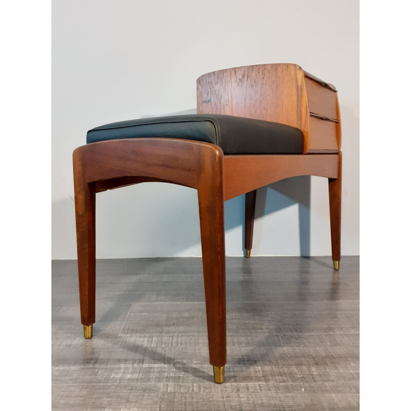 Vintage teak and black leather phone bench, 1970