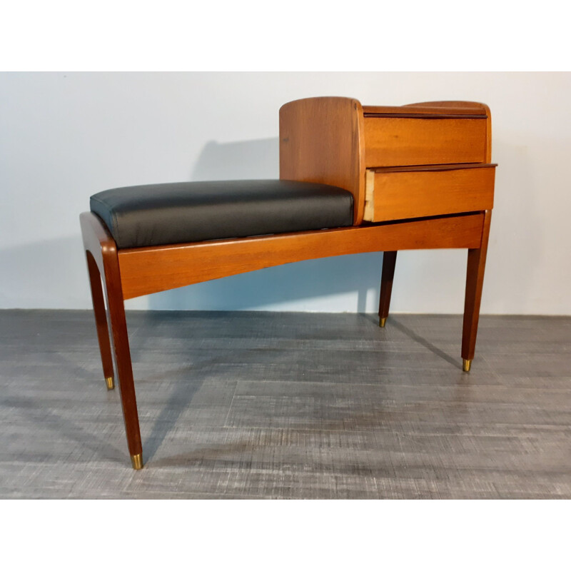 Vintage teak and black leather phone bench, 1970