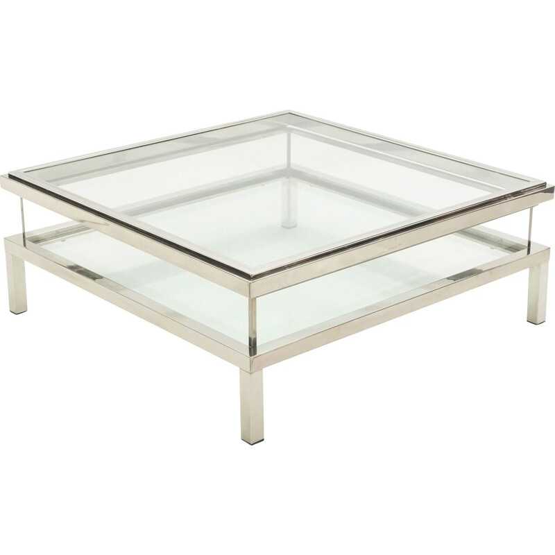 Vintage coffee table with steel sliding display case, Guy Lefevre for Maison Jansen 1970