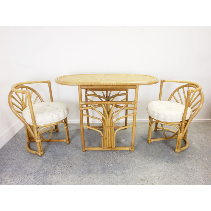 Vintage boho rattan small dining set 1970