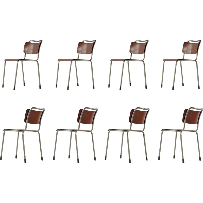 Ensemble de 8 chaises industrielles en bois et métal, W.H. GISPEN - 1952