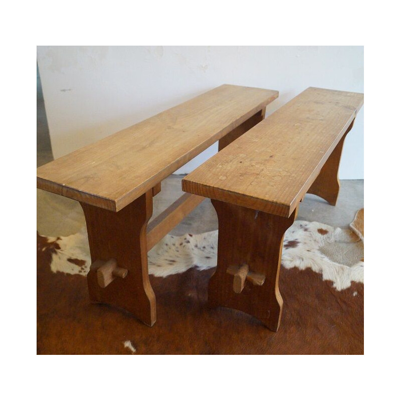 Pair of vintage solid wood bench 1950's