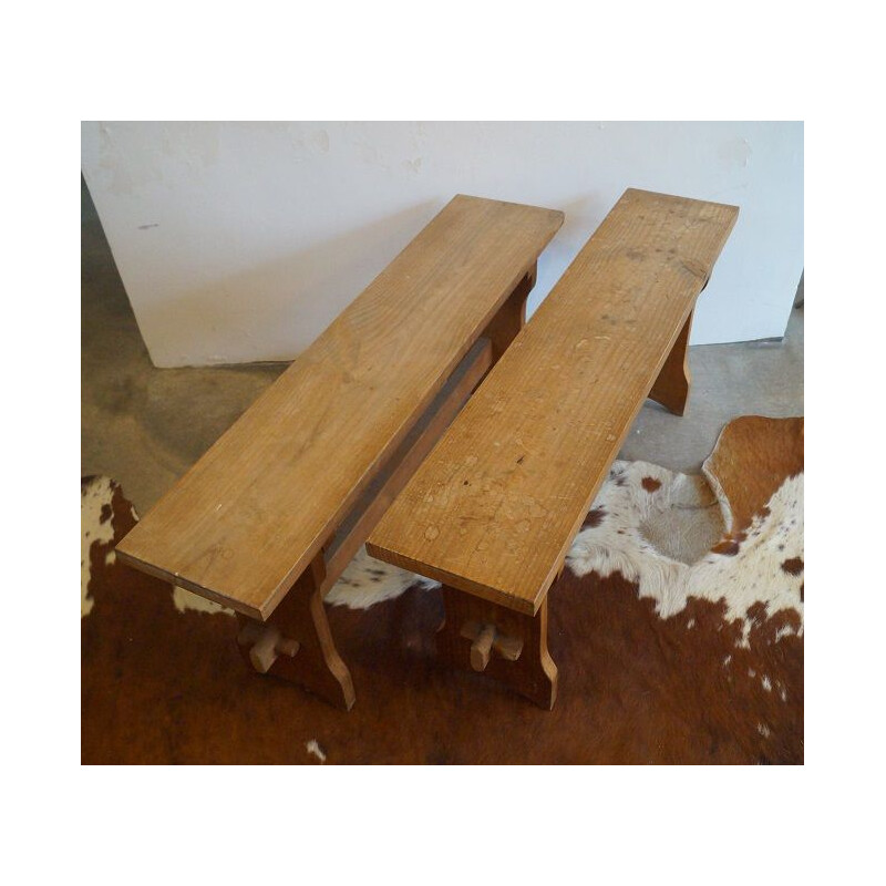 Pair of vintage solid wood bench 1950's