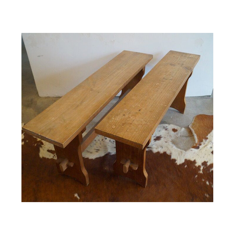 Pair of vintage solid wood bench 1950's