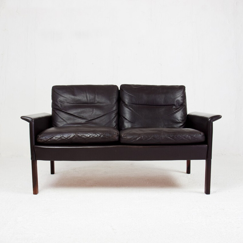 2 seater sofa in rosewood and leather, Hans OLSEN - 1969