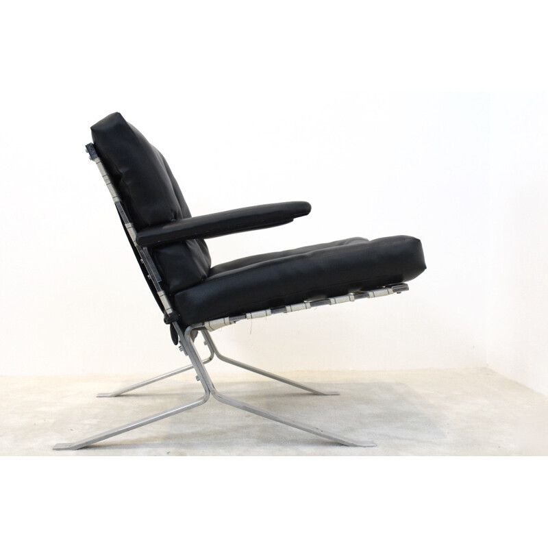 Sessel aus schwarzem Kunstleder und verchromtem Stahl - 1970