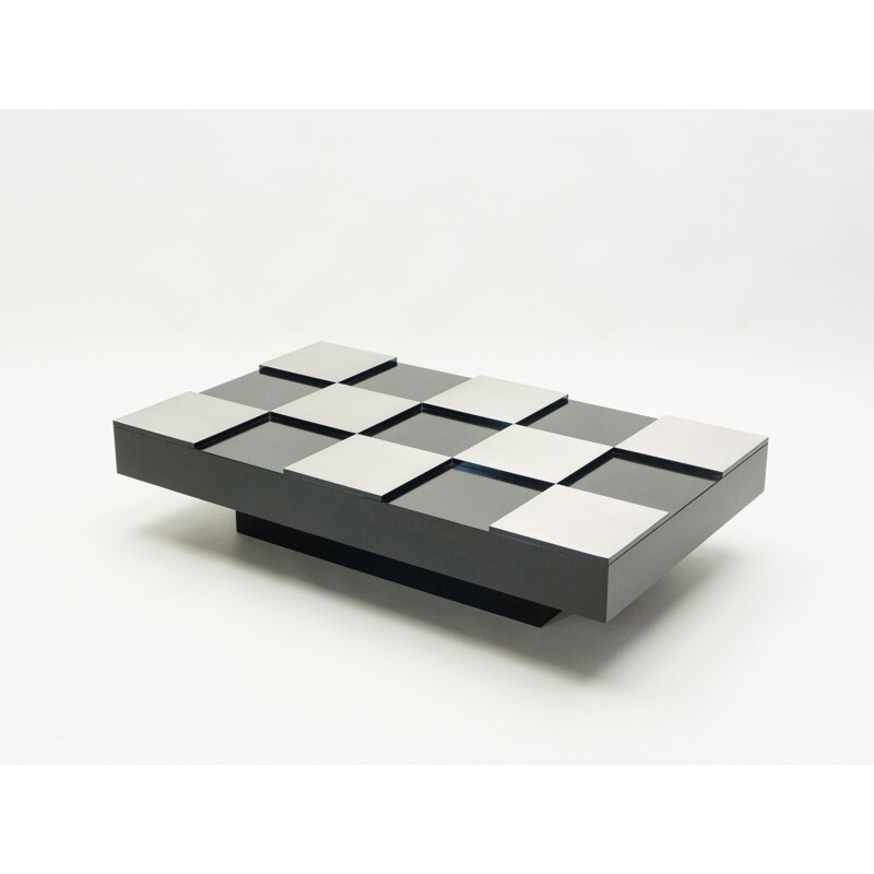 Vintage coffee table in black lacquer and brushed steel 1970 