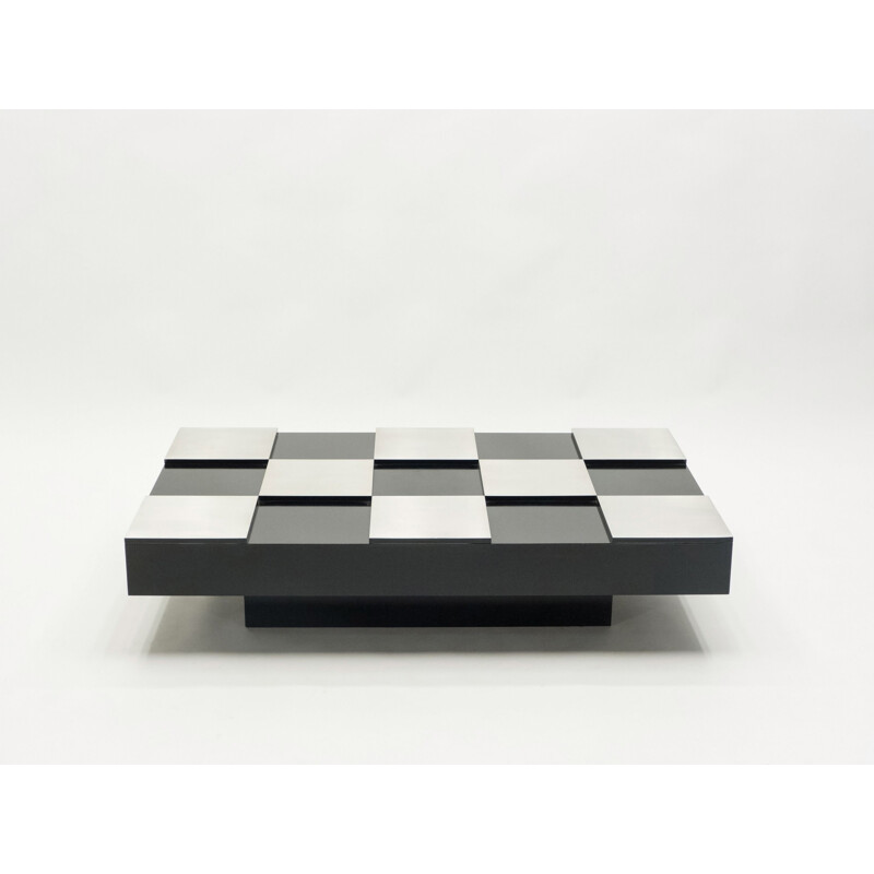 Vintage coffee table in black lacquer and brushed steel 1970 