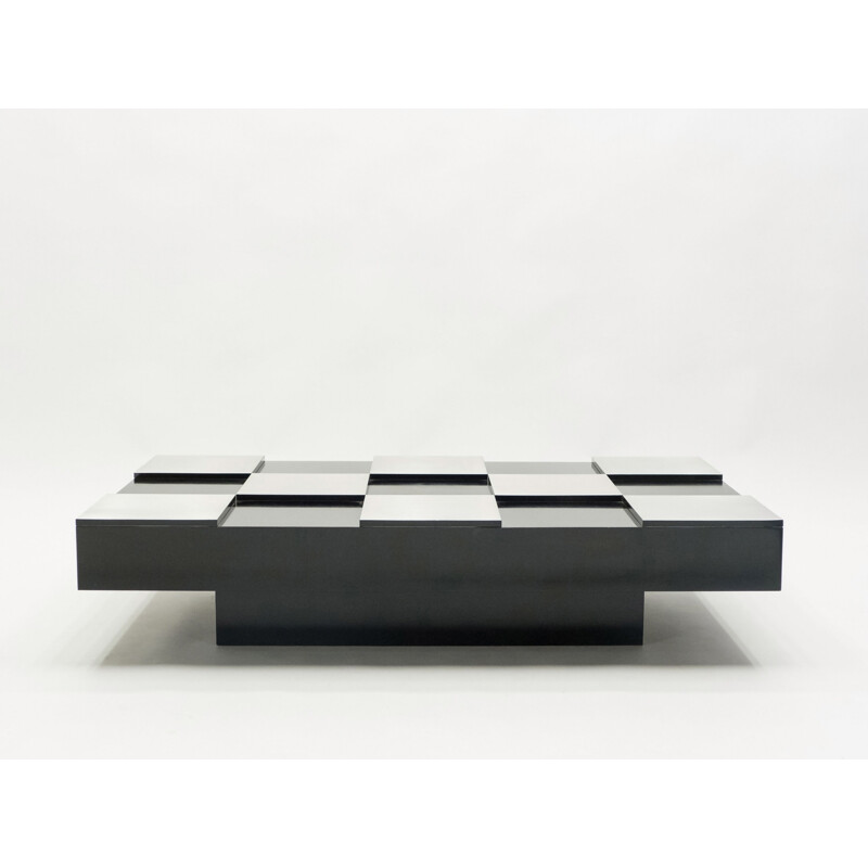 Vintage coffee table in black lacquer and brushed steel 1970 