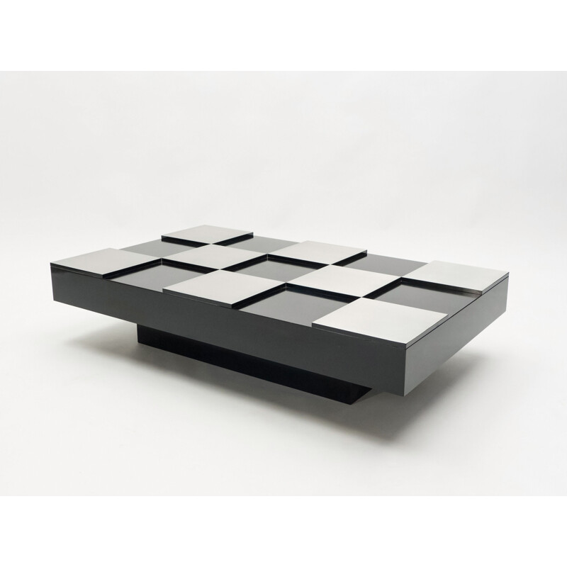 Vintage coffee table in black lacquer and brushed steel 1970 