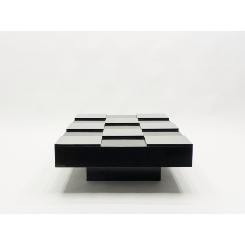 Vintage coffee table in black lacquer and brushed steel 1970 