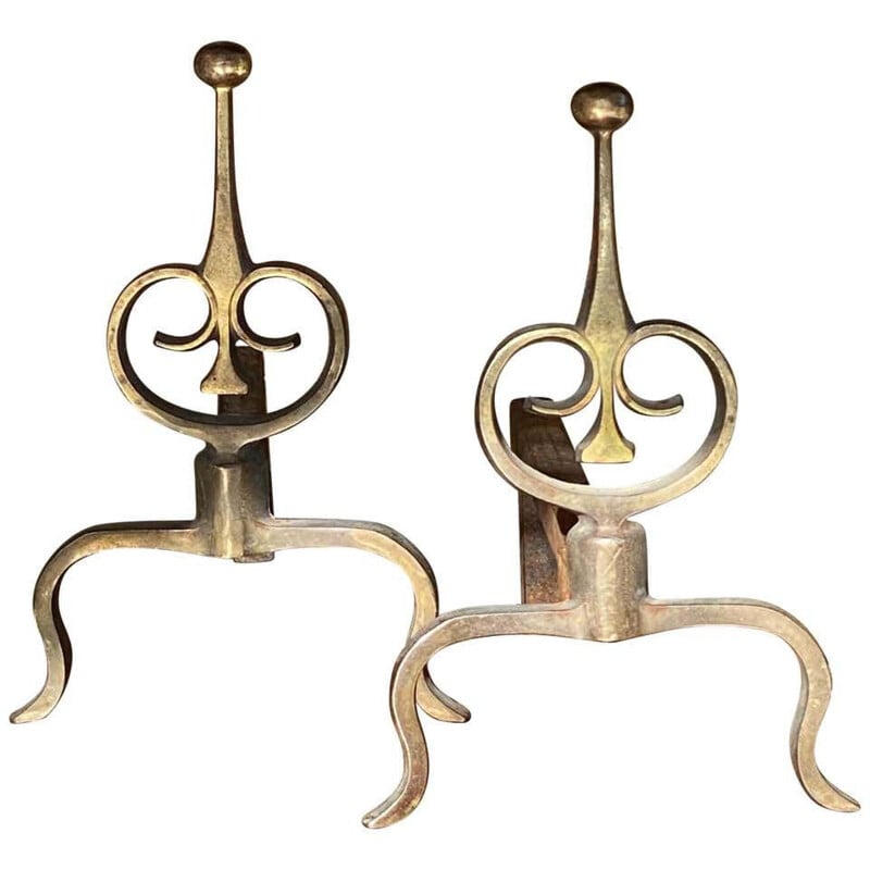 Pair of vintage cast iron and bronze andirons, 1900