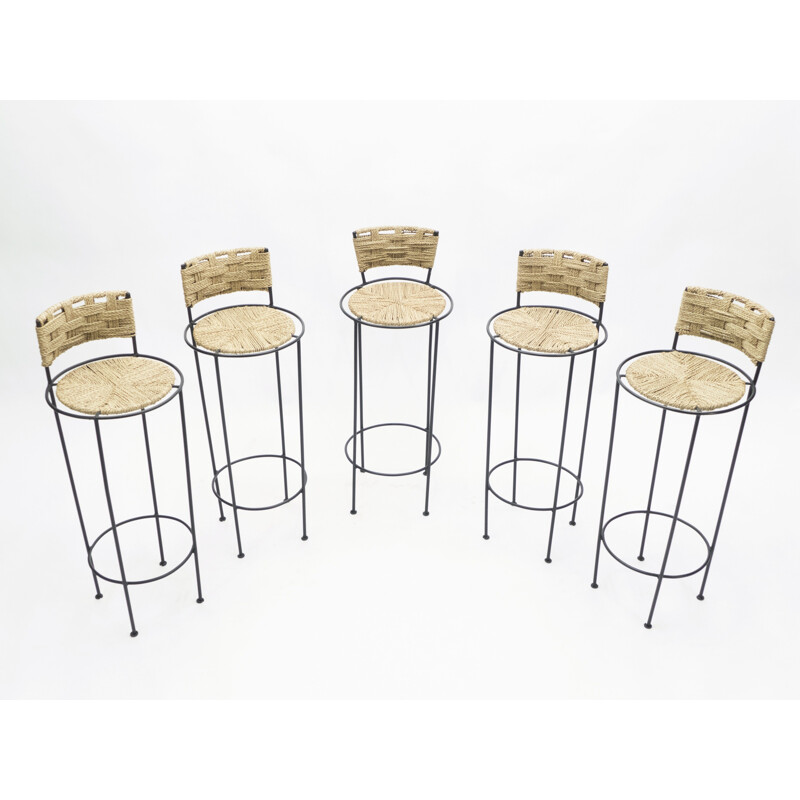 Lot of 5 vintage metal and rope stools by Audoux Minet 1950