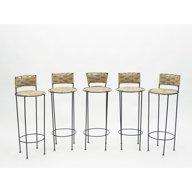 Lot of 5 vintage metal and rope stools by Audoux Minet 1950