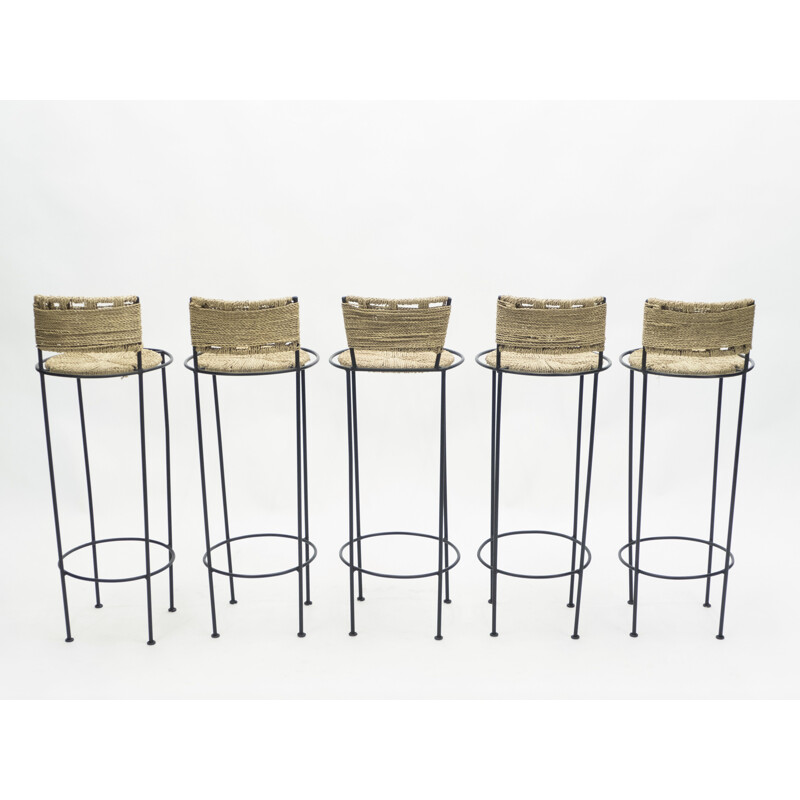 Lot of 5 vintage metal and rope stools by Audoux Minet 1950