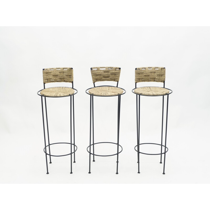 Lot of 5 vintage metal and rope stools by Audoux Minet 1950