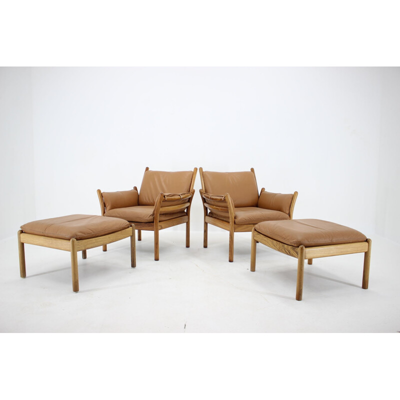 Pair of vintage Leather Palisander Armchairs with StoolsIllum Wikkelsø Genius Denmark 1960s 