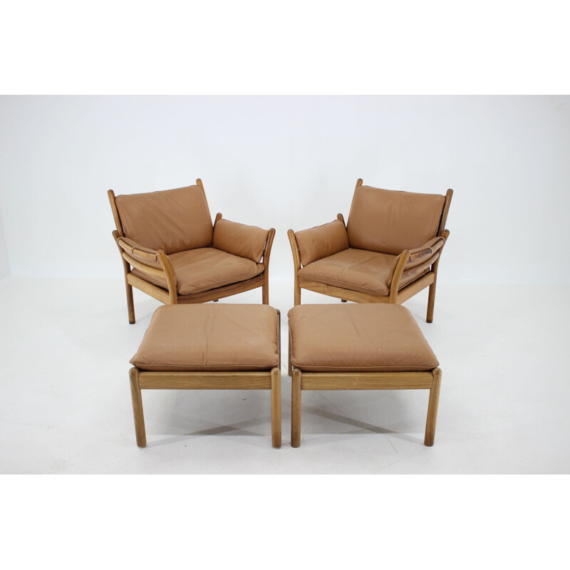 Pair of vintage Leather Palisander Armchairs with StoolsIllum Wikkelsø Genius Denmark 1960s 