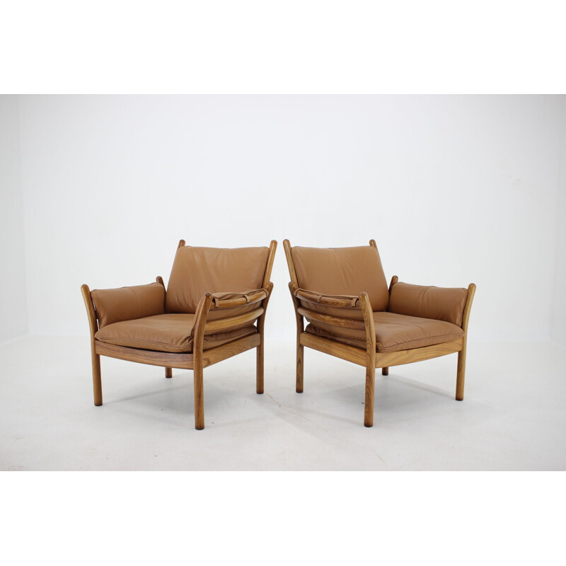 Pair of vintage Leather Palisander Armchairs with StoolsIllum Wikkelsø Genius Denmark 1960s 