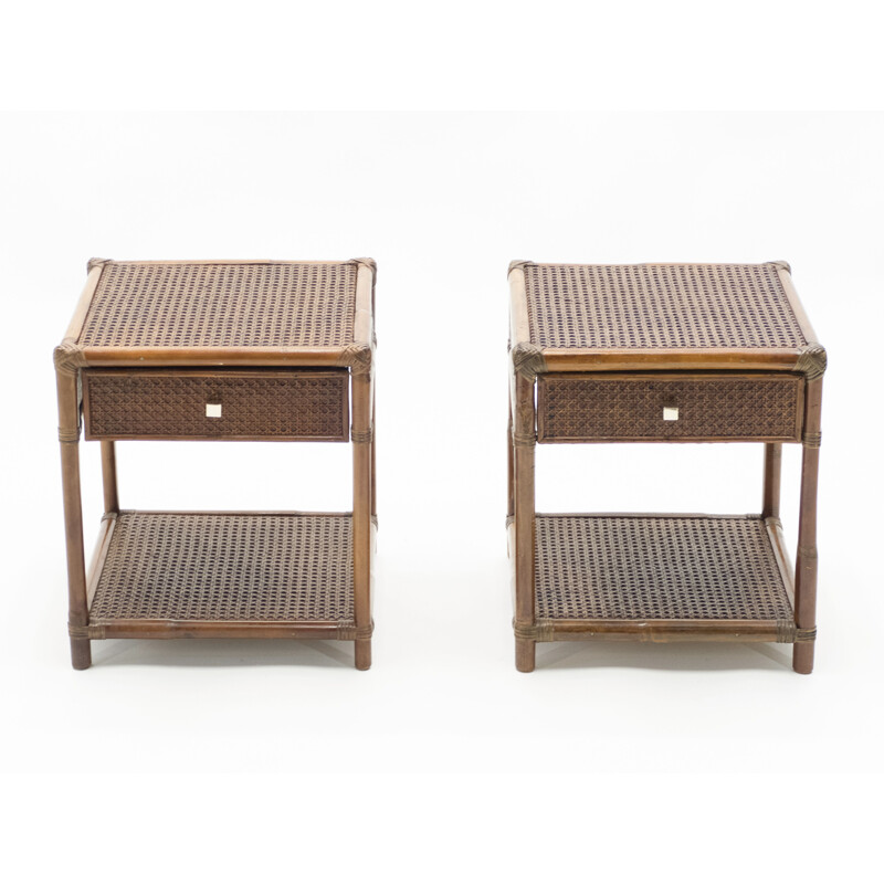 Pair of vintage bamboo bedside tables with brass wickerwork 1960