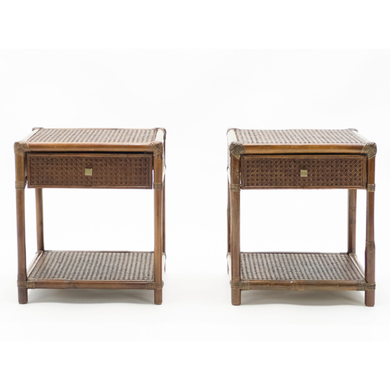 Pair of vintage bamboo bedside tables with brass wickerwork 1960
