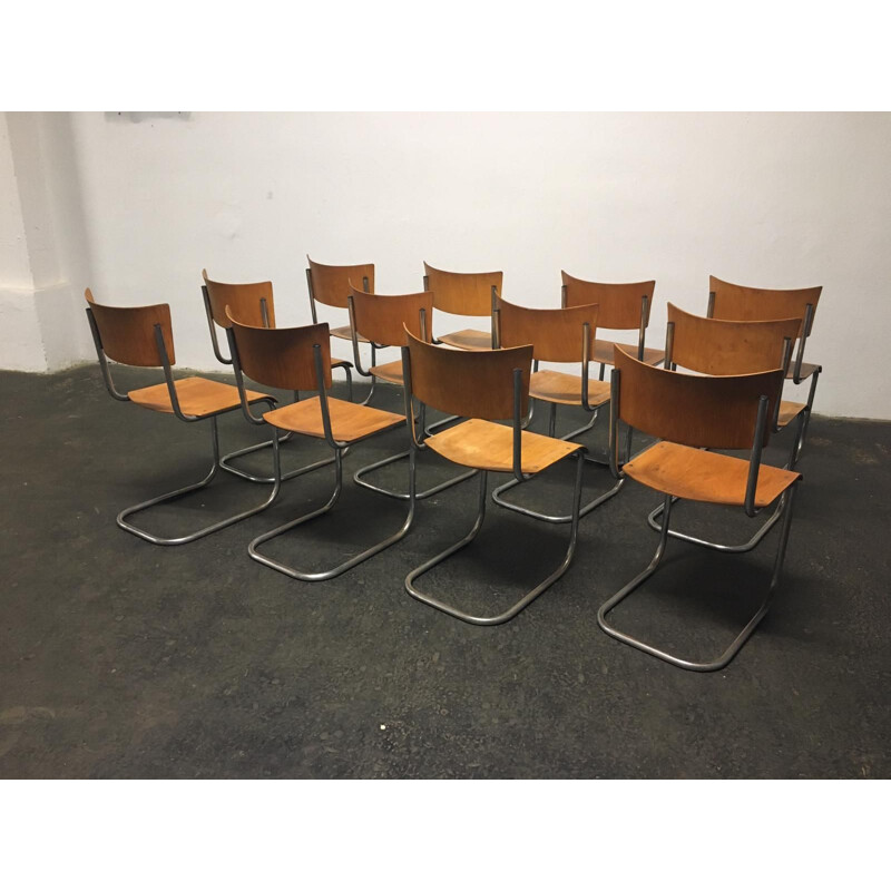 Set of 12 vintage tubular steel chairs Mart Stam