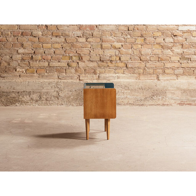 Pair of vintage bedside table with top display case and flap, relooked in midnight blue