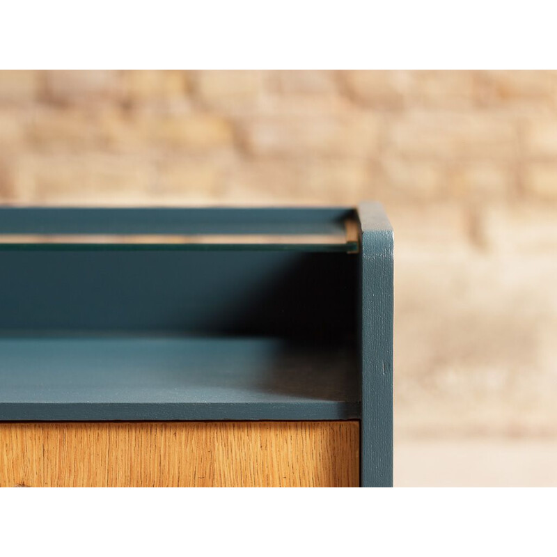 Pair of vintage bedside table with top display case and flap, relooked in midnight blue