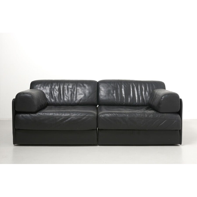 Vintage black leather sofa DS76 by De Sede