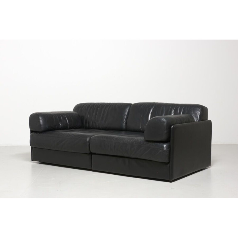 Vintage black leather sofa DS76 by De Sede