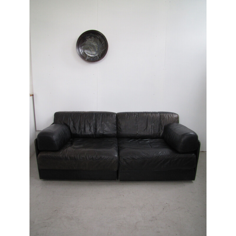 Vintage black leather sofa DS76 by De Sede