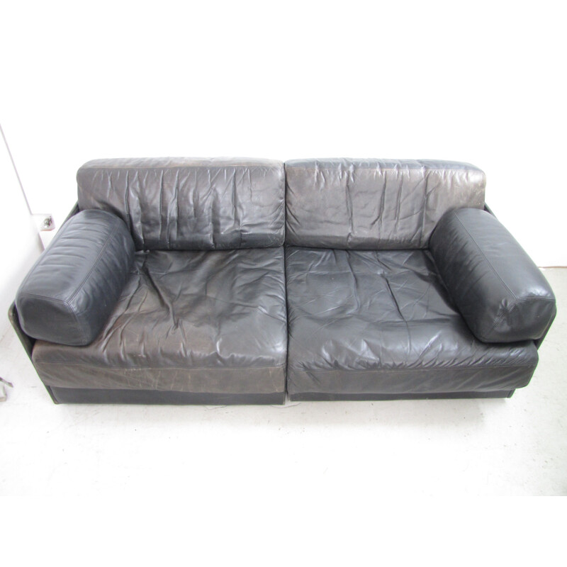 Vintage black leather sofa DS76 by De Sede
