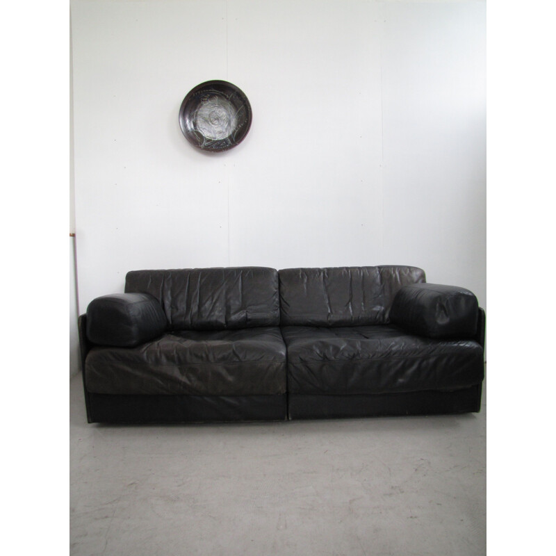 Vintage black leather sofa DS76 by De Sede