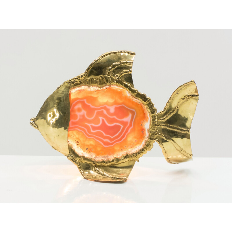 Vintage fish lamp in brass and agate stone, Jacques Duval Brasseur 1970