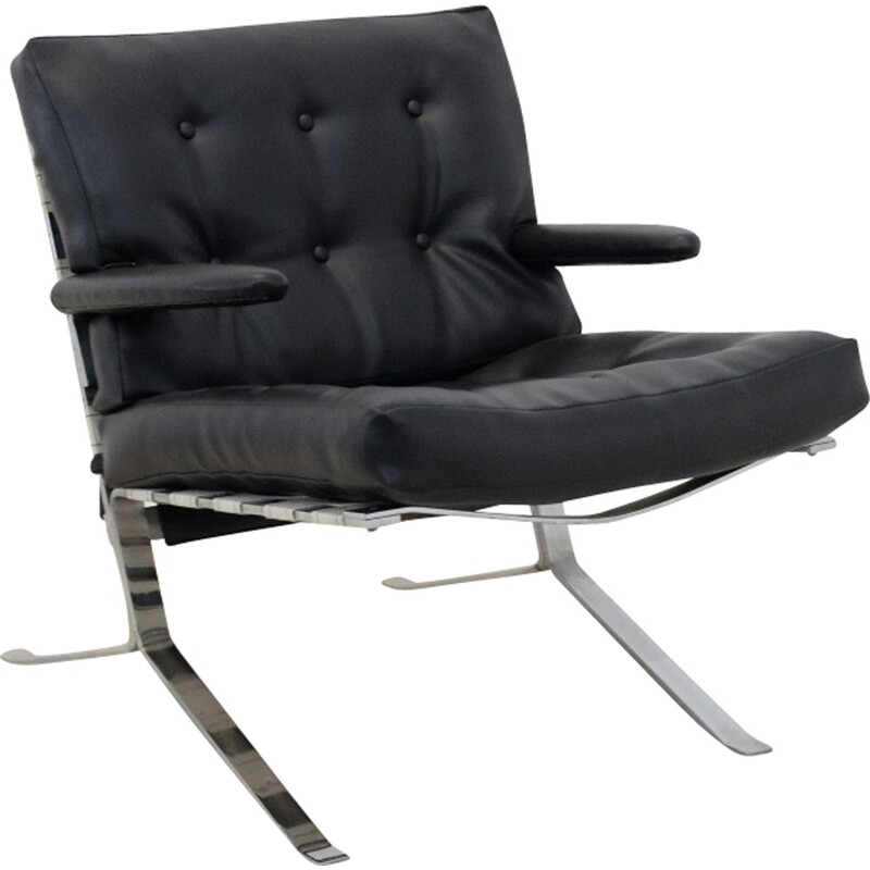 Sillón de cuero negro y acero cromado - 1970