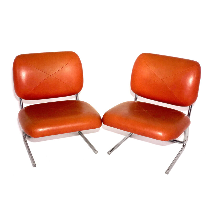 Pair of vintage leather and chrome armchairs