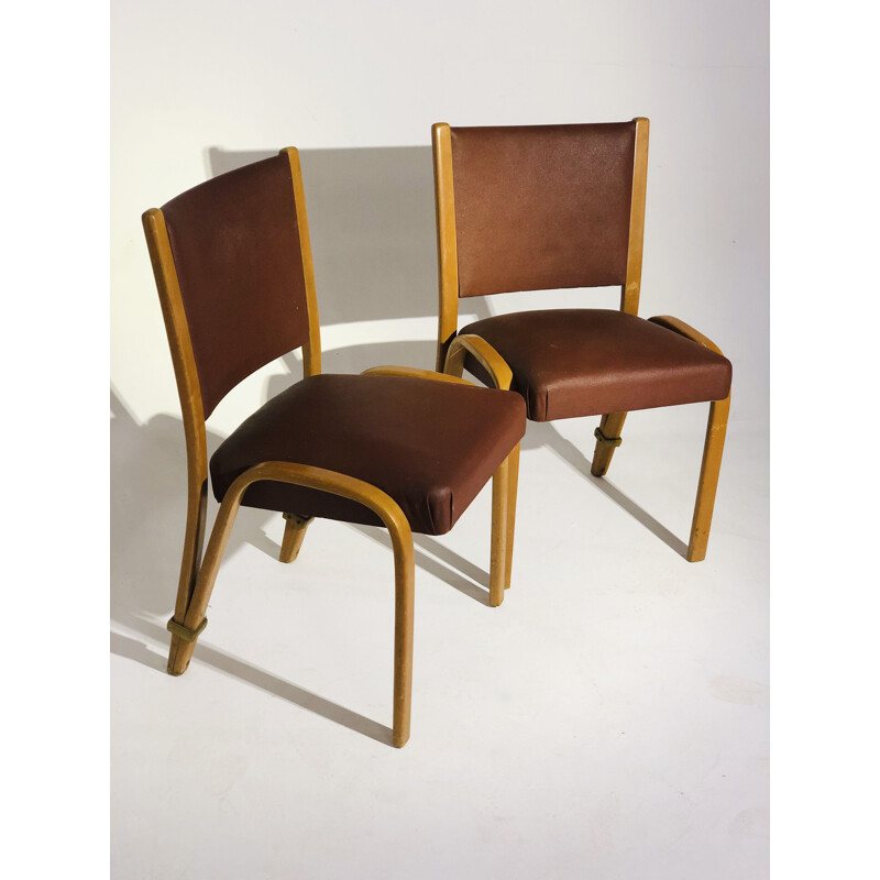 Paire de chaises vintage Bow-wood skaï bois 