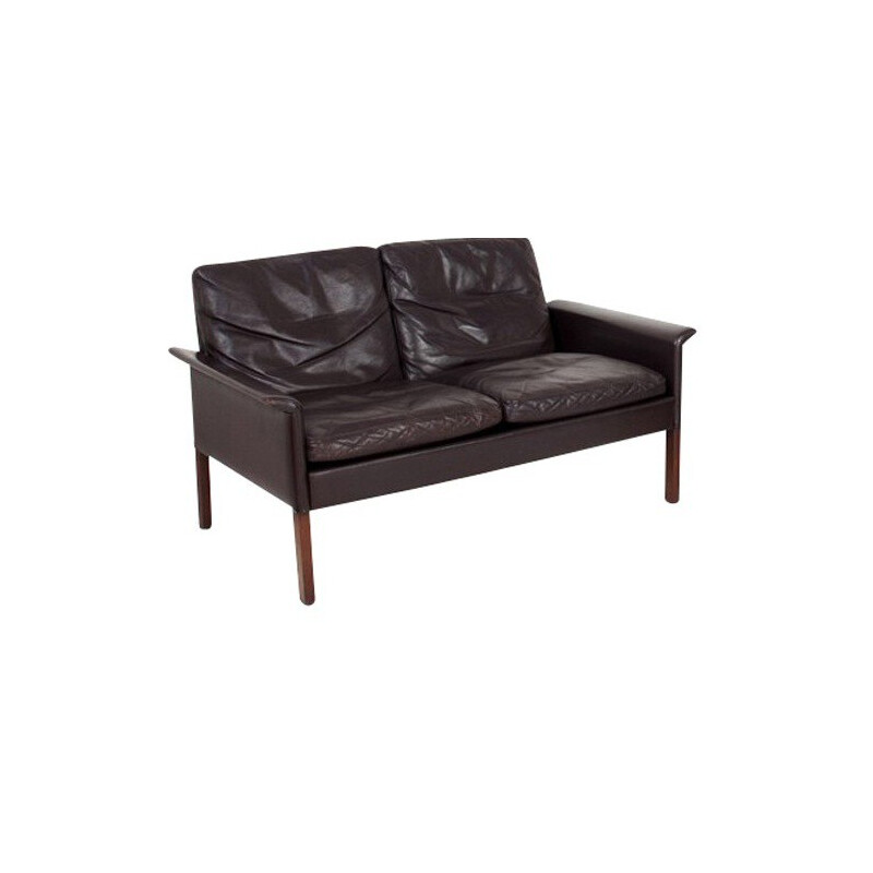 2 seater sofa in rosewood and leather, Hans OLSEN - 1969