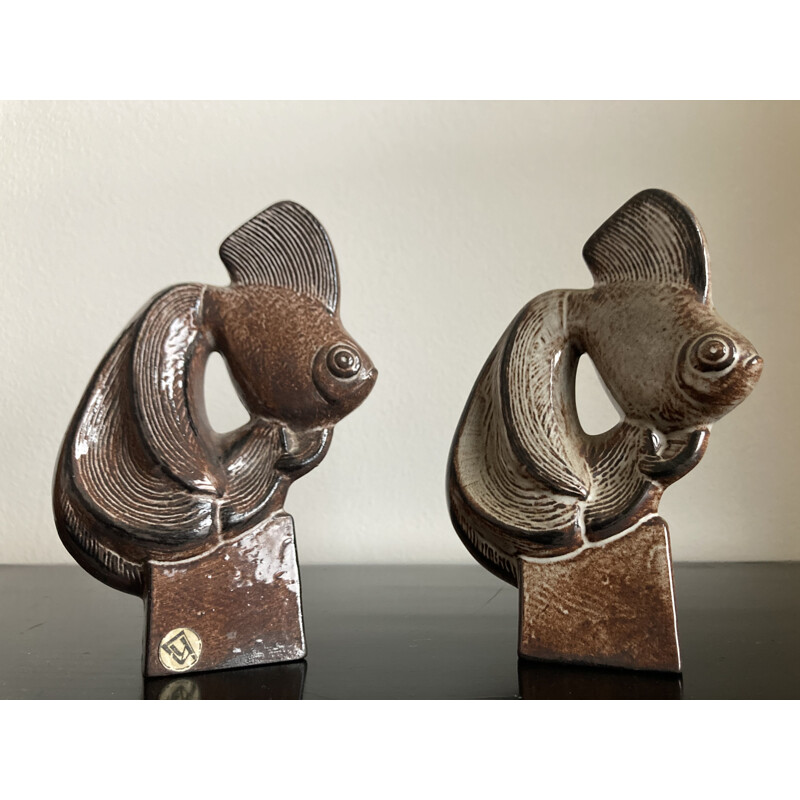 Paire de sculptures de poissons vintage en céramique, 1960
