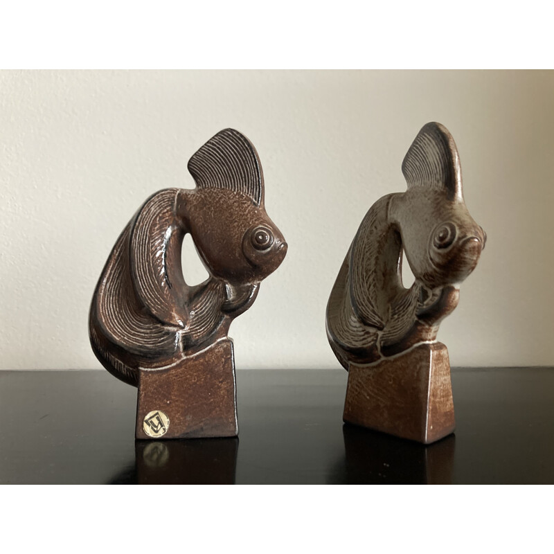 Paire de sculptures de poissons vintage en céramique, 1960