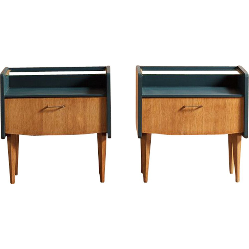 Pair of vintage bedside table with top display case and flap, relooked in midnight blue