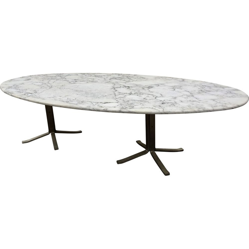 Table ovale vintage marbre blanc veiné 1970