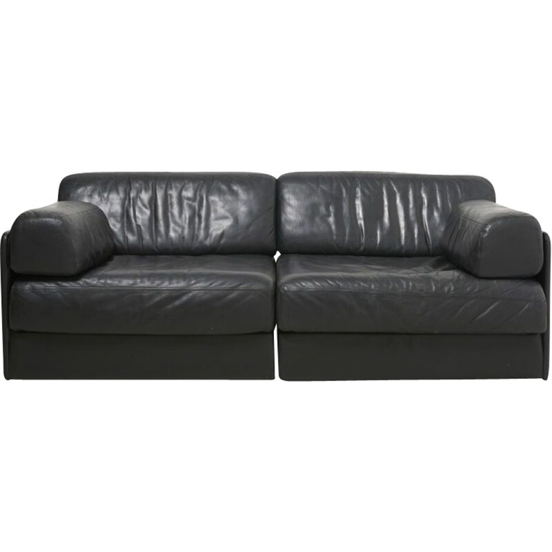 Vintage black leather sofa DS76 by De Sede