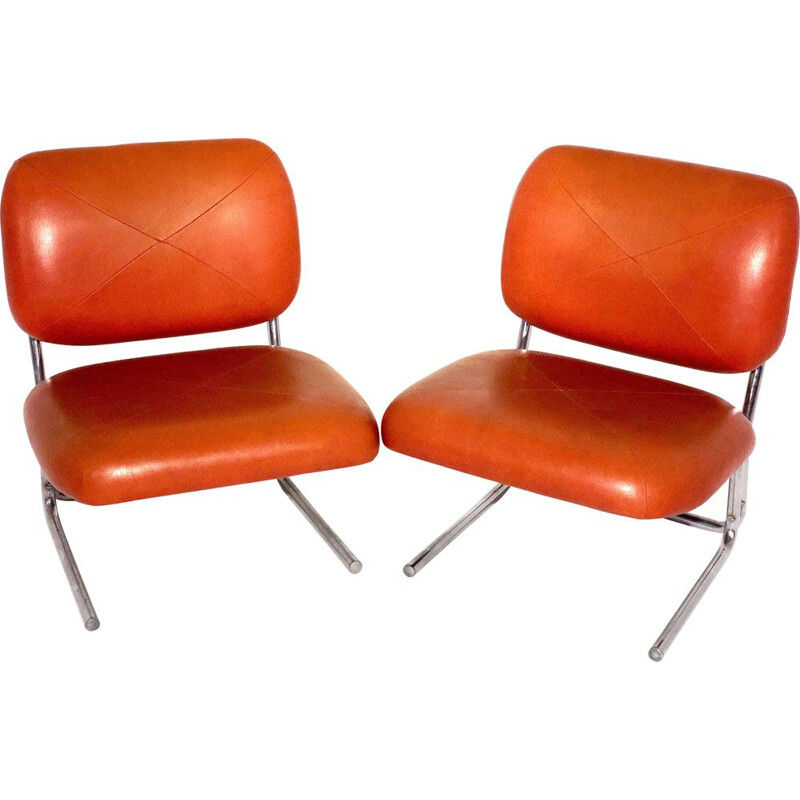 Pair of vintage leather and chrome armchairs