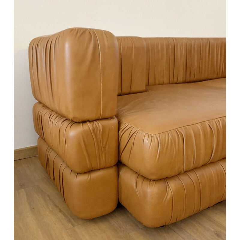 Vintage Modular Cognac Leather Sofa Italian