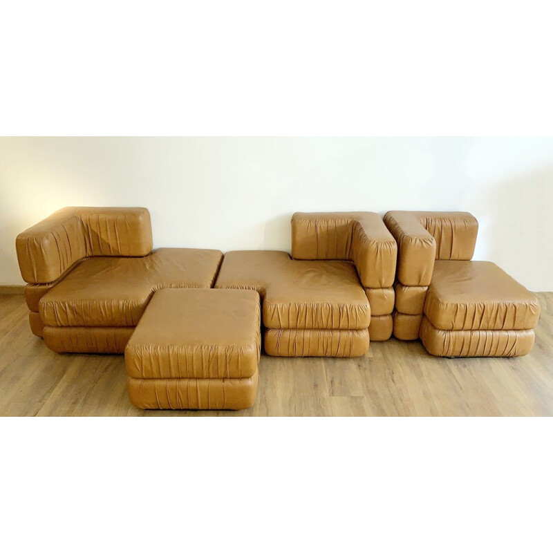 Vintage Modular Cognac Leather Sofa Italian