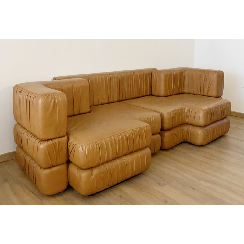 Vintage Modular Cognac Leather Sofa Italian