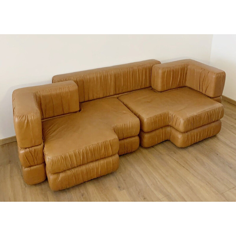 Vintage Modular Cognac Leather Sofa Italian