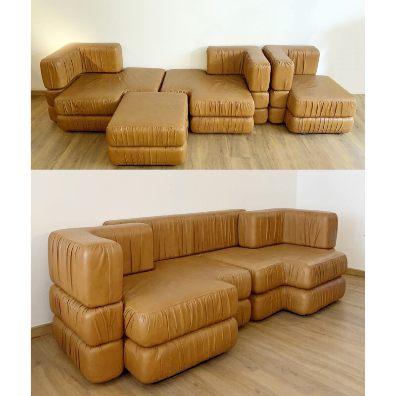 Vintage Modular Cognac Leather Sofa Italian