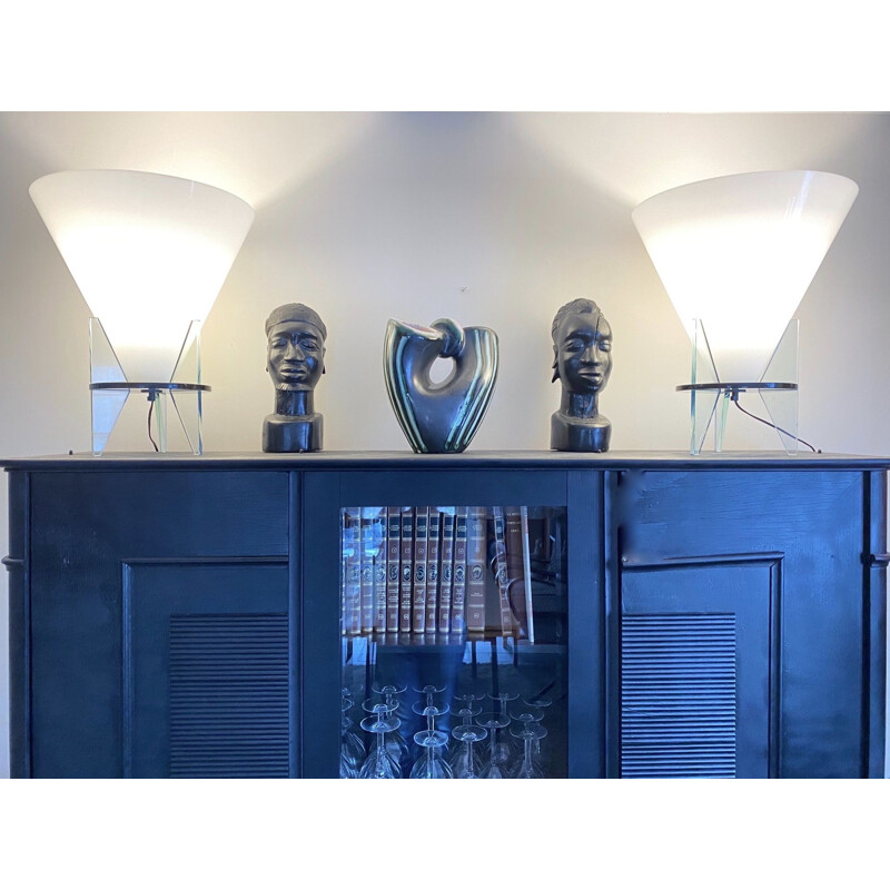 Paar vintage opaline en glazen lampen, model Otéro, door Rodolfo Dordoni voor Fontana Arte, 1986
